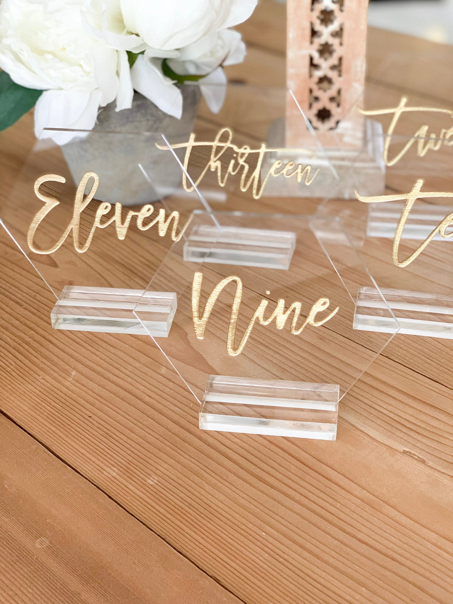 Modern Calligraphy Hexagon Table Number with Stand Options - TN1
