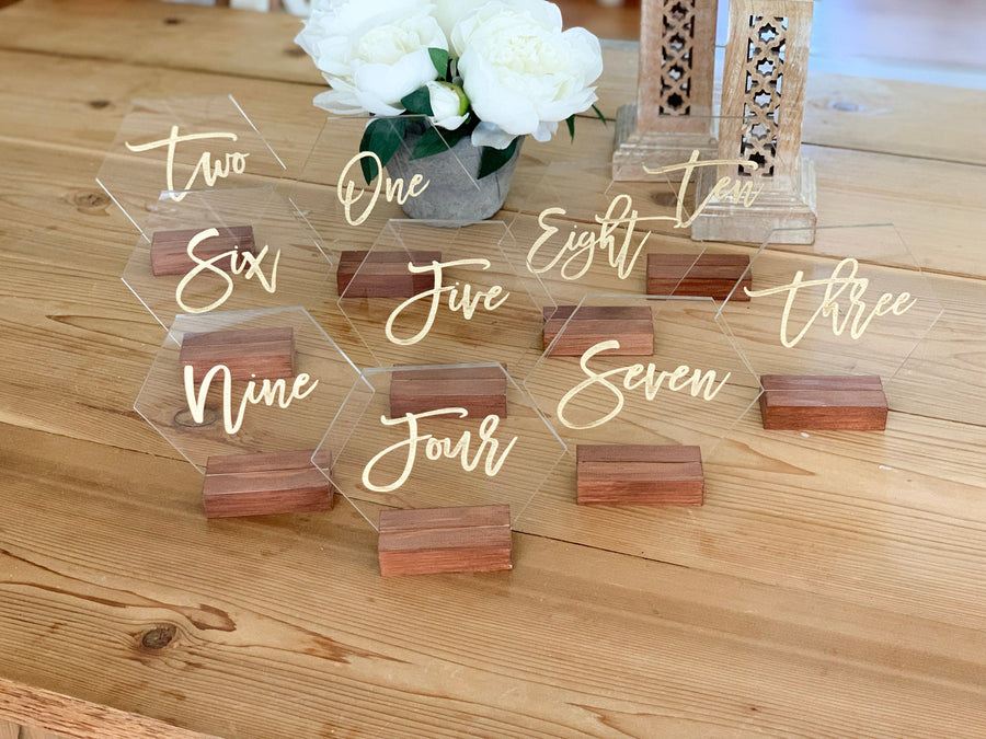 Modern Calligraphy Hexagon Table Number with Stand Options - TN1